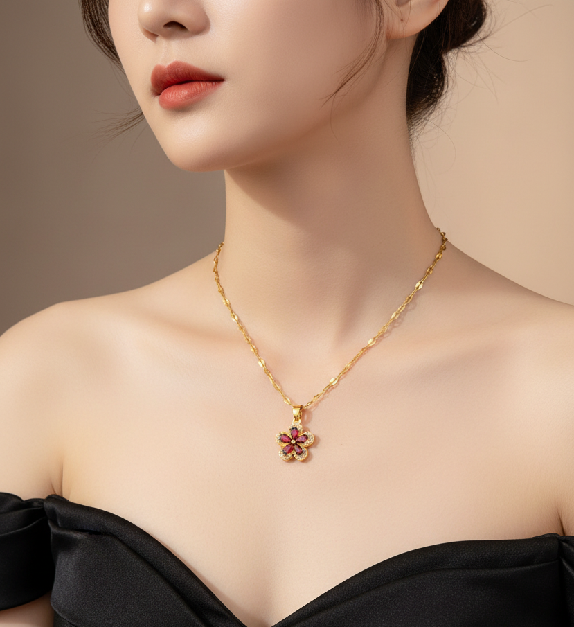 18K Gold Plated Ruby Zircon Flower Necklace - Anti-Tarnish 316L Stainless Steel