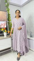 Thread Work Mul Chiffon Three-Piece Salwar Set with Dupatta-LAVENDER