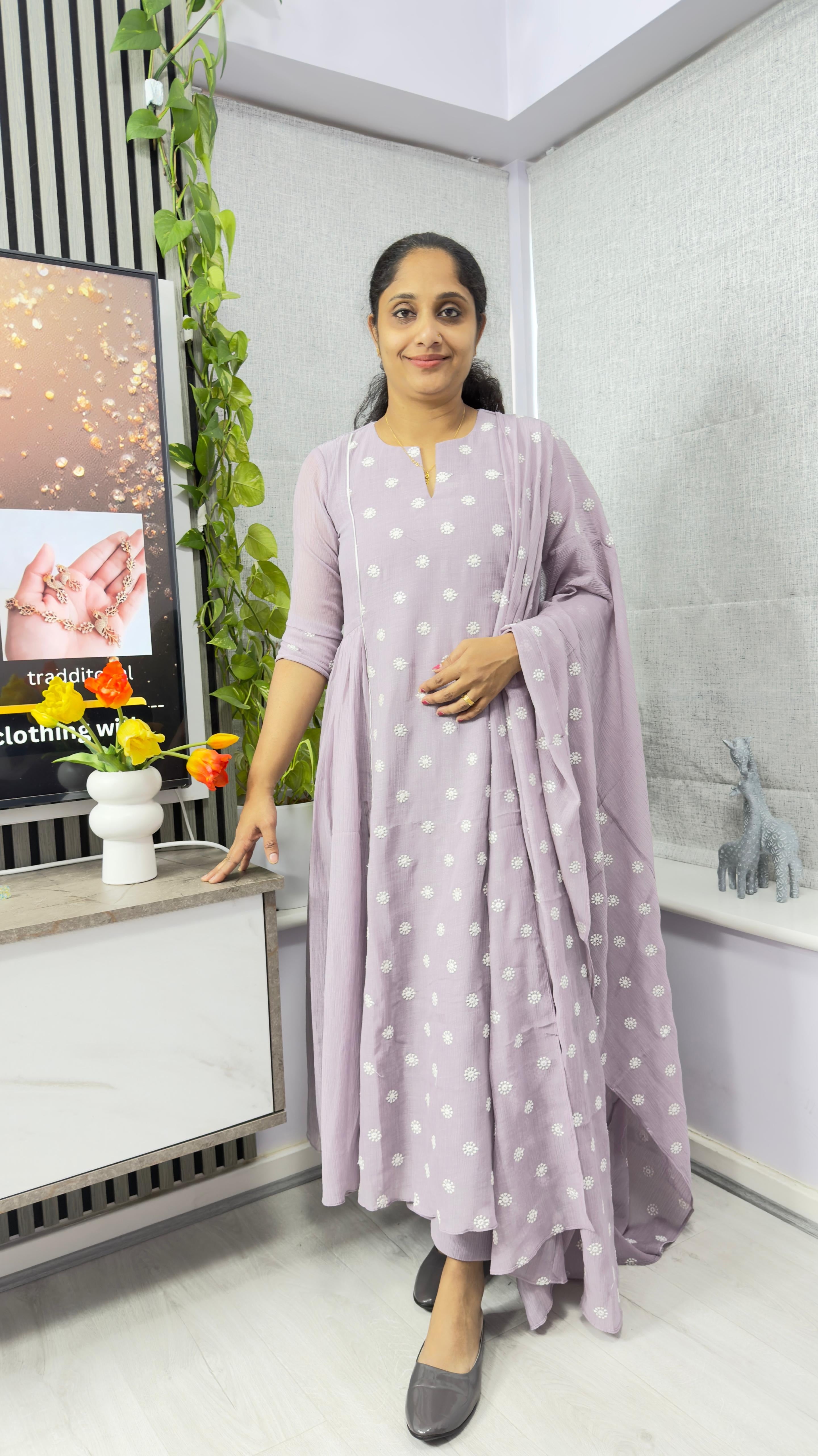 Thread Work Mul Chiffon Three-Piece Salwar Set with Dupatta-LAVENDER