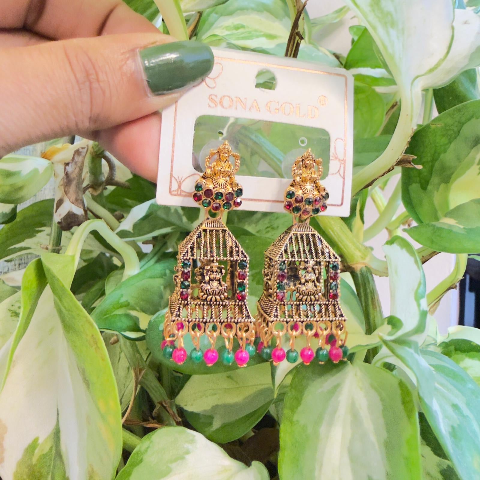 Ethnic Goddess Design Jhumkas with Pink and Green Accents