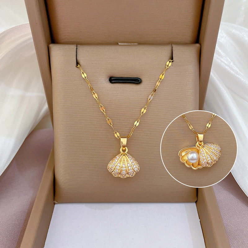 18K Gold Plated Opening Seashell Pearl Necklace | Waterproof Zirconia 316L Stainless Steel Beach Jewelry