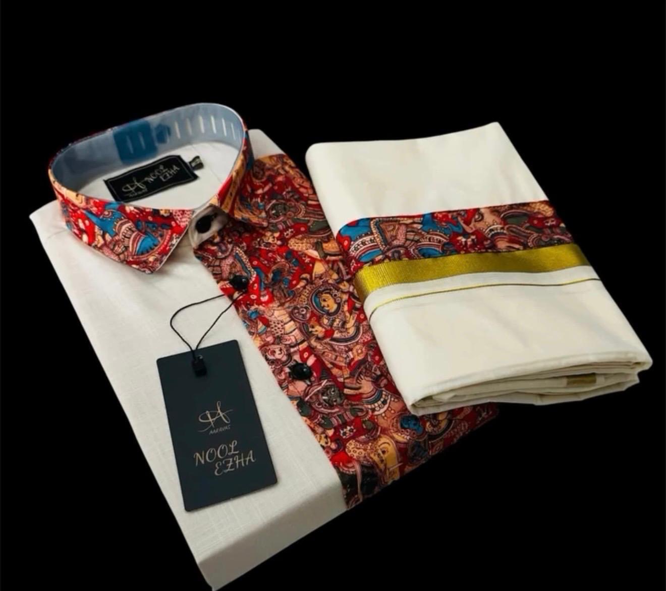 Designer Kerala Mundu and Off-White Shirt Set with Mural Print
