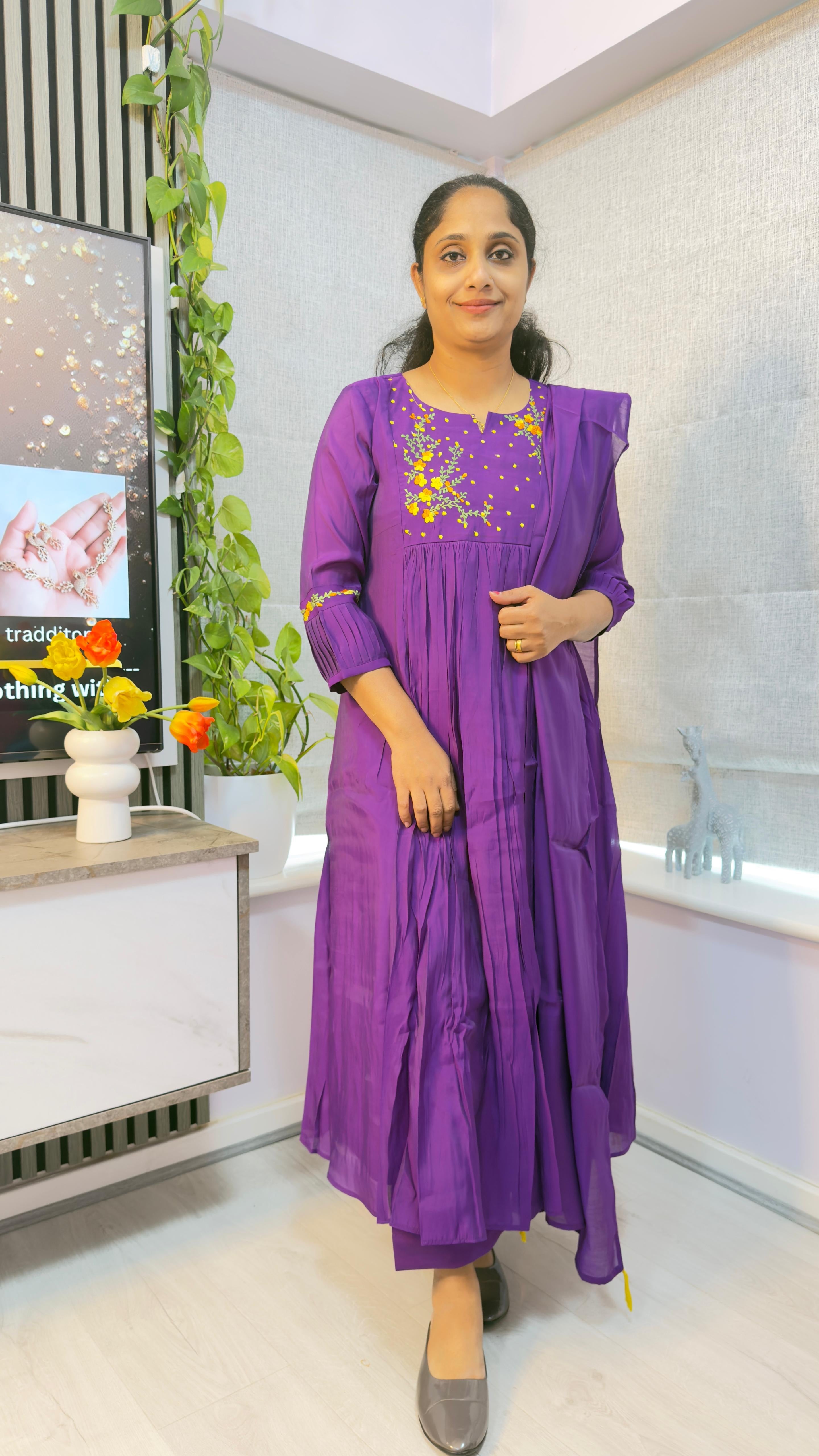 Embroidered Mul Chanderi Three-Piece Salwar Set with Dupatta-PURPLE
