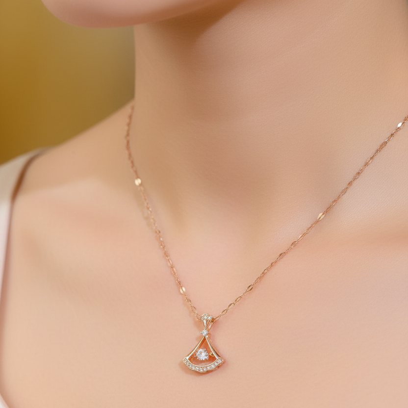 18K Gold Plated Fan Shaped Dancing Crystal Pendant Necklace | Waterproof & Anti-Tarnish Stainless Steel Jewelry