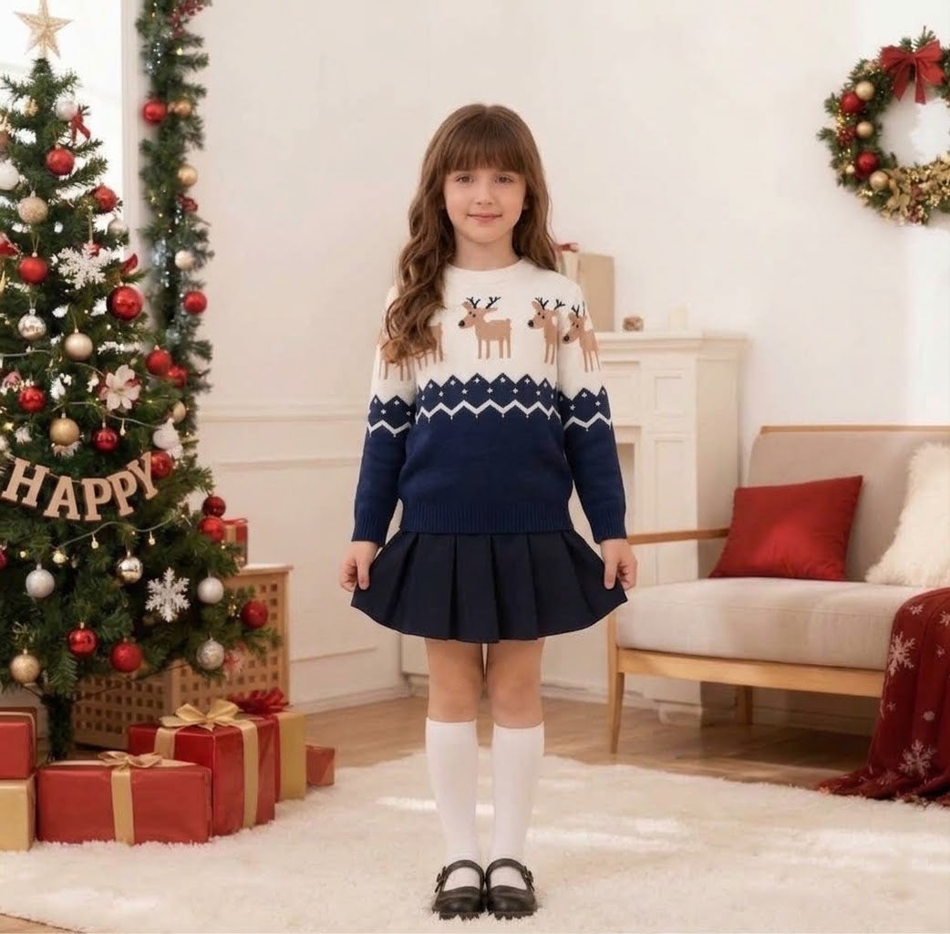 Navy Blue Kids Christmas Jumper - Reindeer Fair Isle Knit