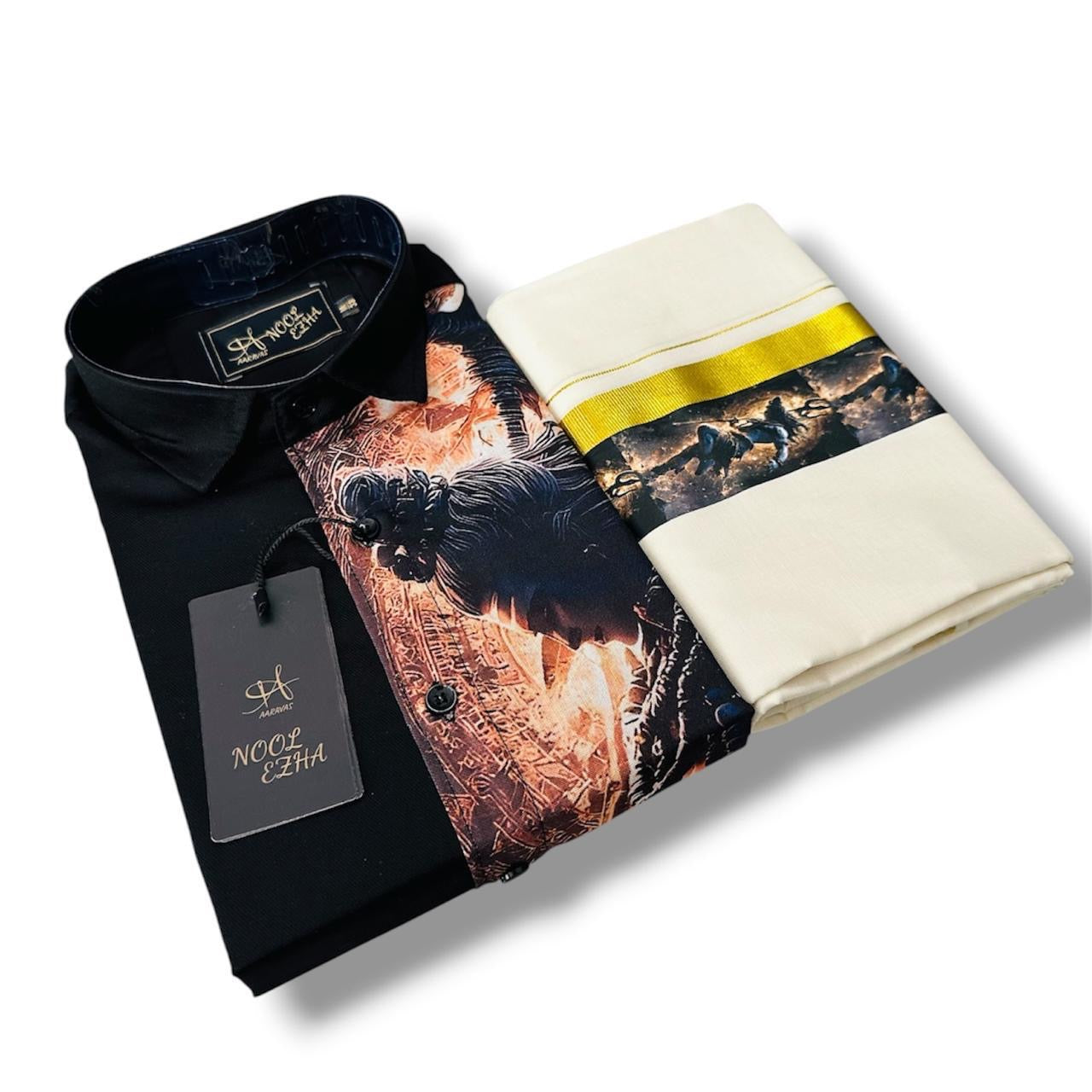 Designer Kerala Mundu and Black Shirt Set with Artistic Print