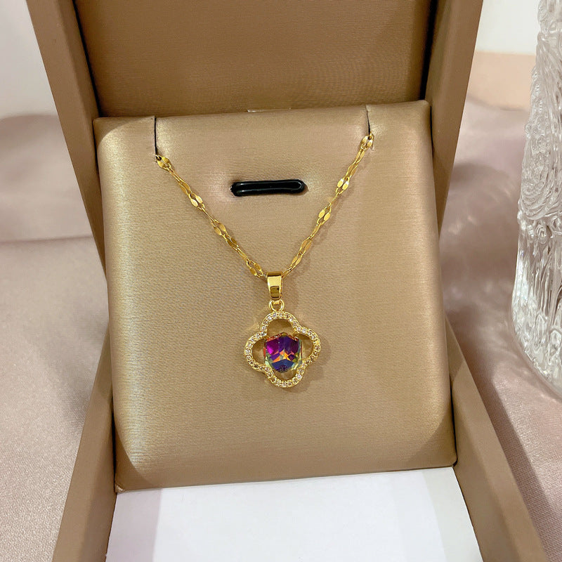 18K Gold Plated Clover Colorful Crystal Pendant Necklace | Waterproof & Anti-Tarnish Stainless Steel Jewelry