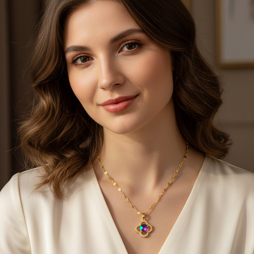 18K Gold Plated Clover Colorful Crystal Pendant Necklace | Waterproof & Anti-Tarnish Stainless Steel Jewelry