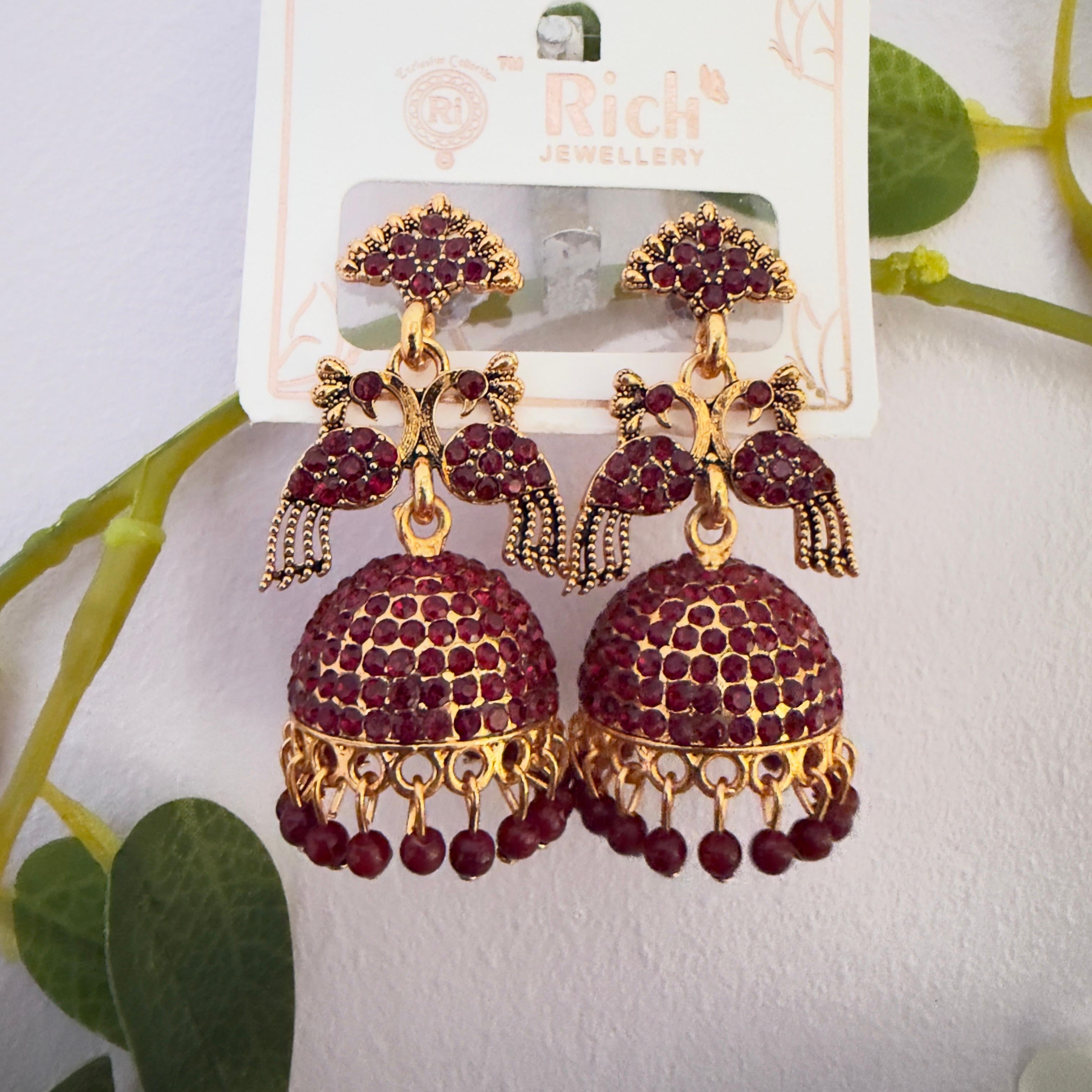 Maroon peacock jhumka