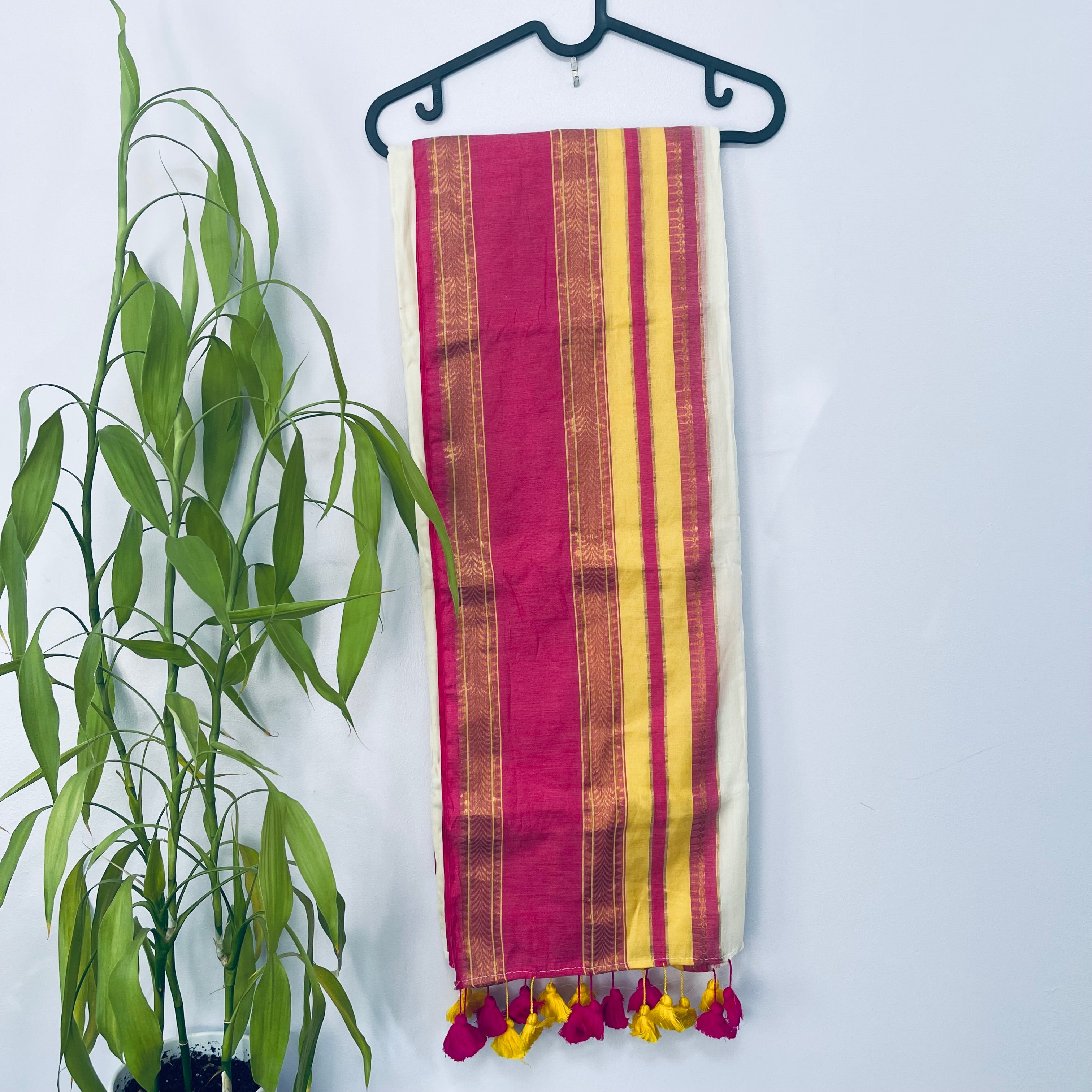 Off-White, Pink & Yellow Mul Cotton Saree