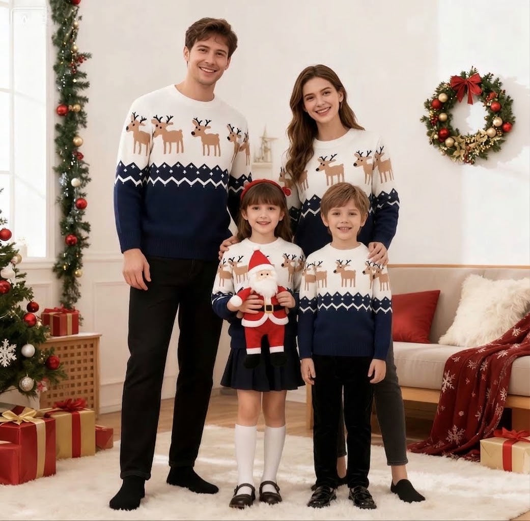 Navy Blue Kids Christmas Jumper - Reindeer Fair Isle Knit