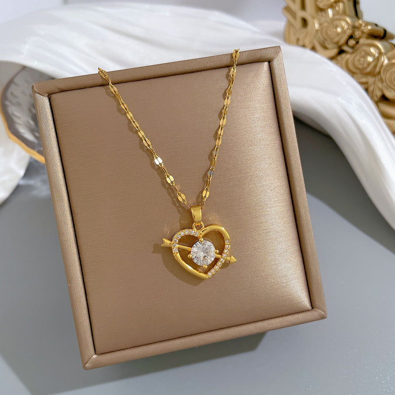 18K Gold Plated Arrow Heart Pendant Necklace | Waterproof Zirconia 316L Stainless Steel Romantic Jewelry