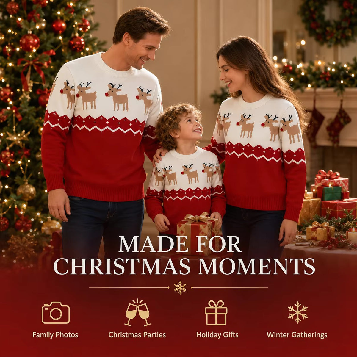 Red Adult Christmas Jumper - Reindeer Fair Isle Knit
