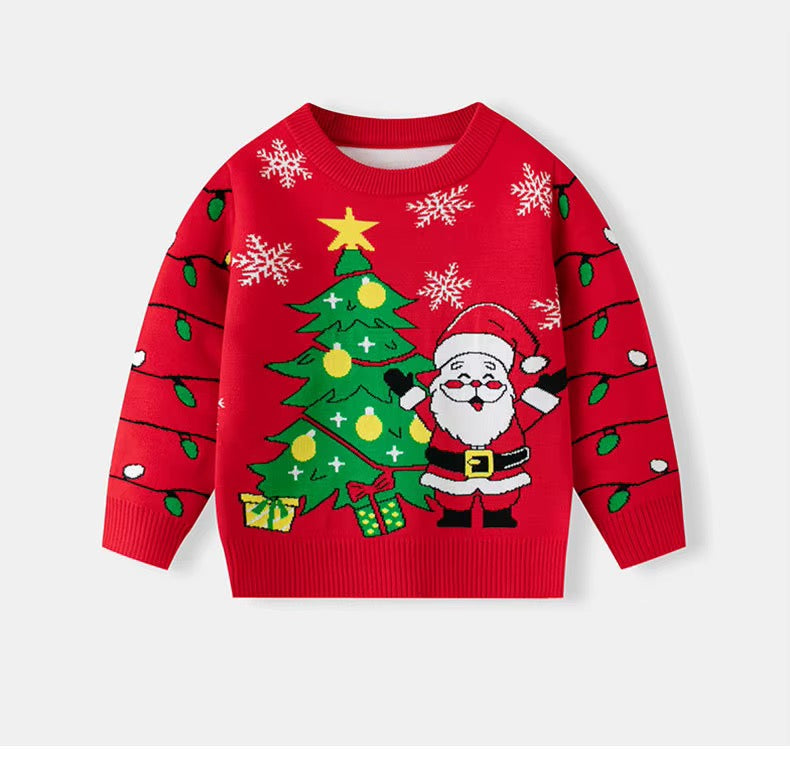 Red Kids Christmas Jumper - Santa & Tree Knit Sweater