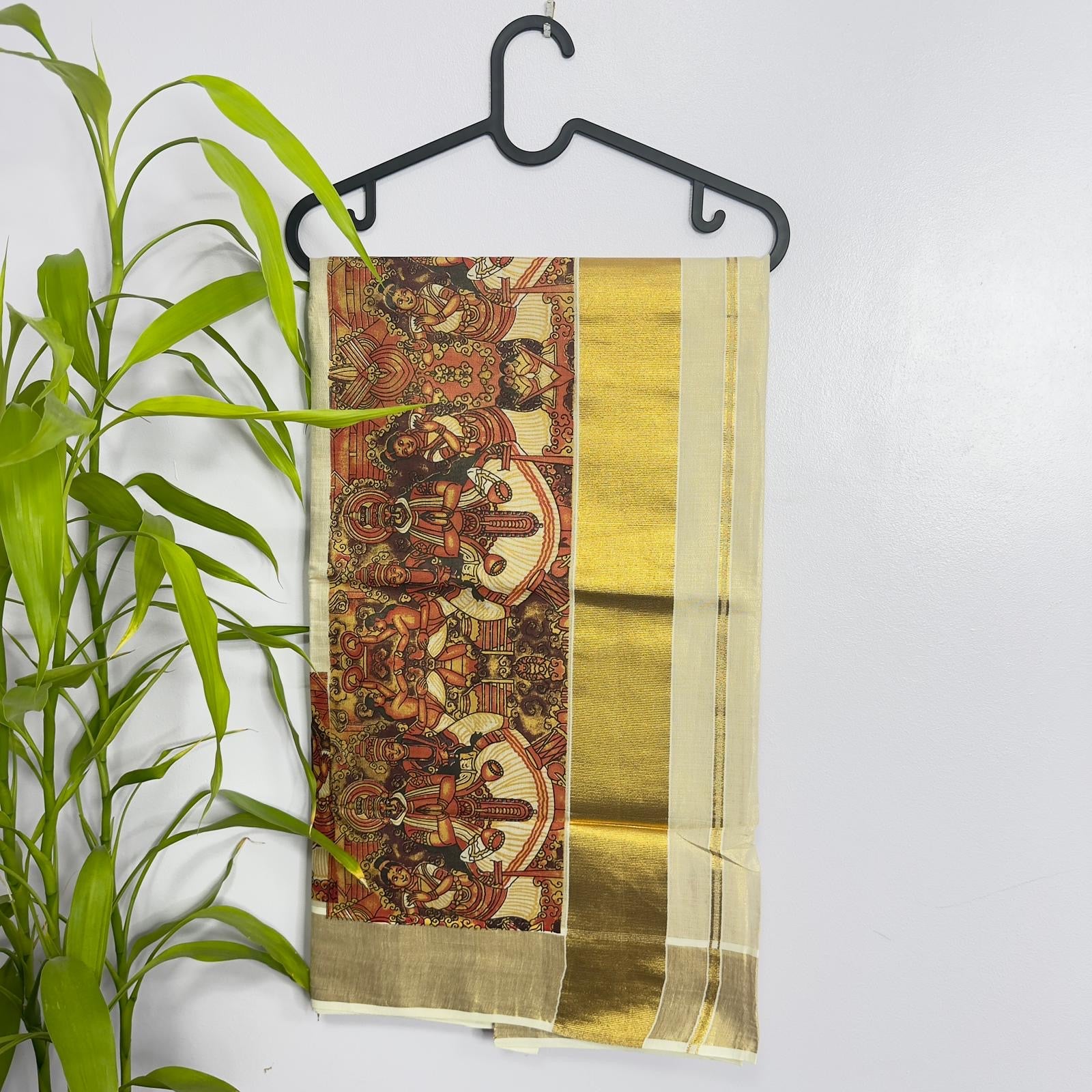 Authentic Kerala Kasavu Saree with Traditional Mural Art Print