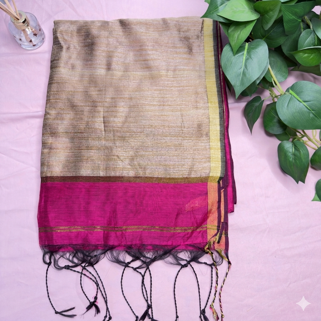 Sophisticated Beige & Deep Pink Mul Cotton Saree with Zari Detail