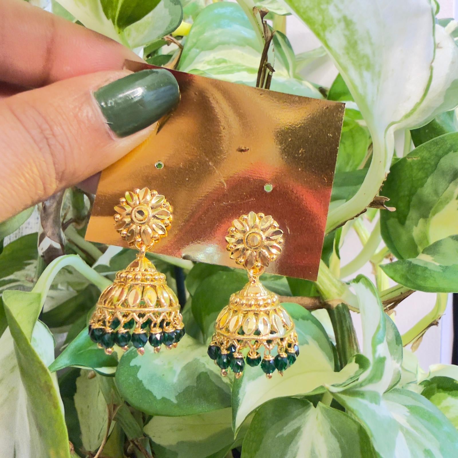 Gold-Plated Traditional Jhumka Earrings with Green Beads