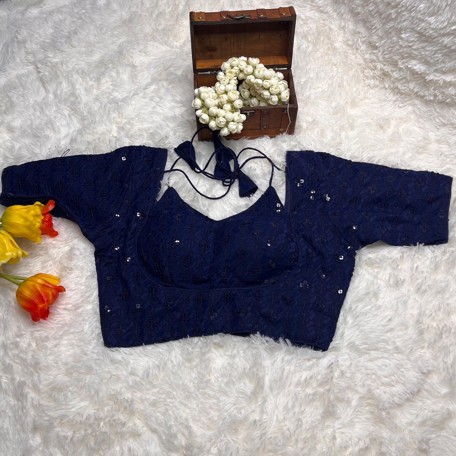 Navy Blue blouse with threadwork and sequins