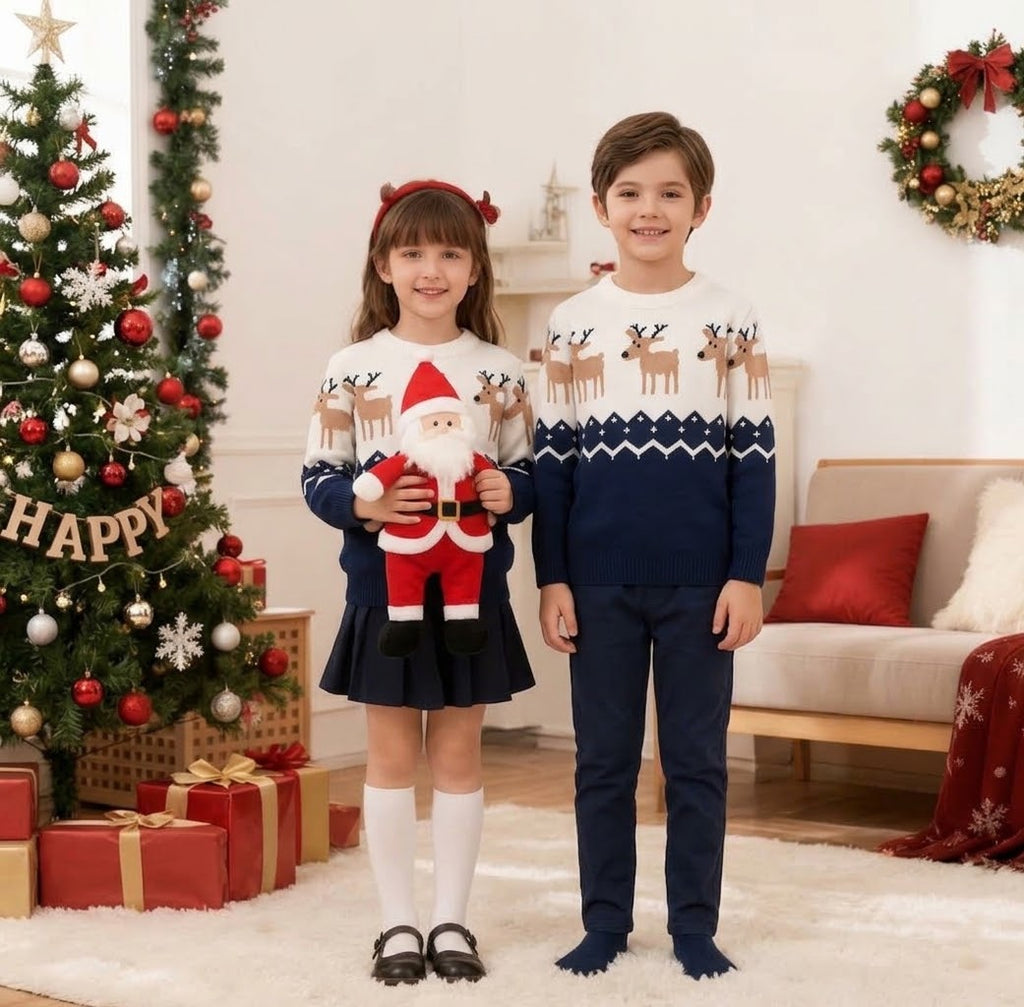 Navy Blue Kids Christmas Jumper - Reindeer Fair Isle Knit