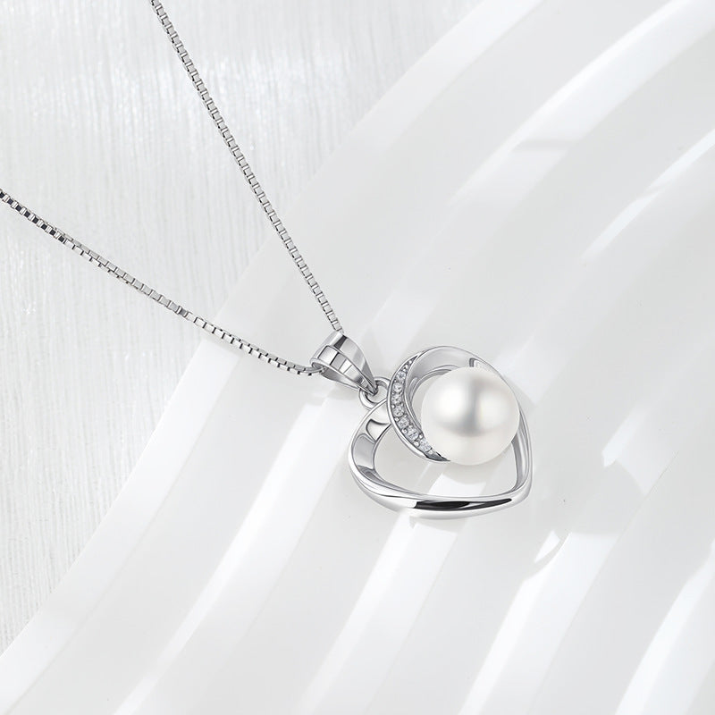 S925 Sterling Silver Heart Pearl necklace with 5A Zirconia – Platinum Plated