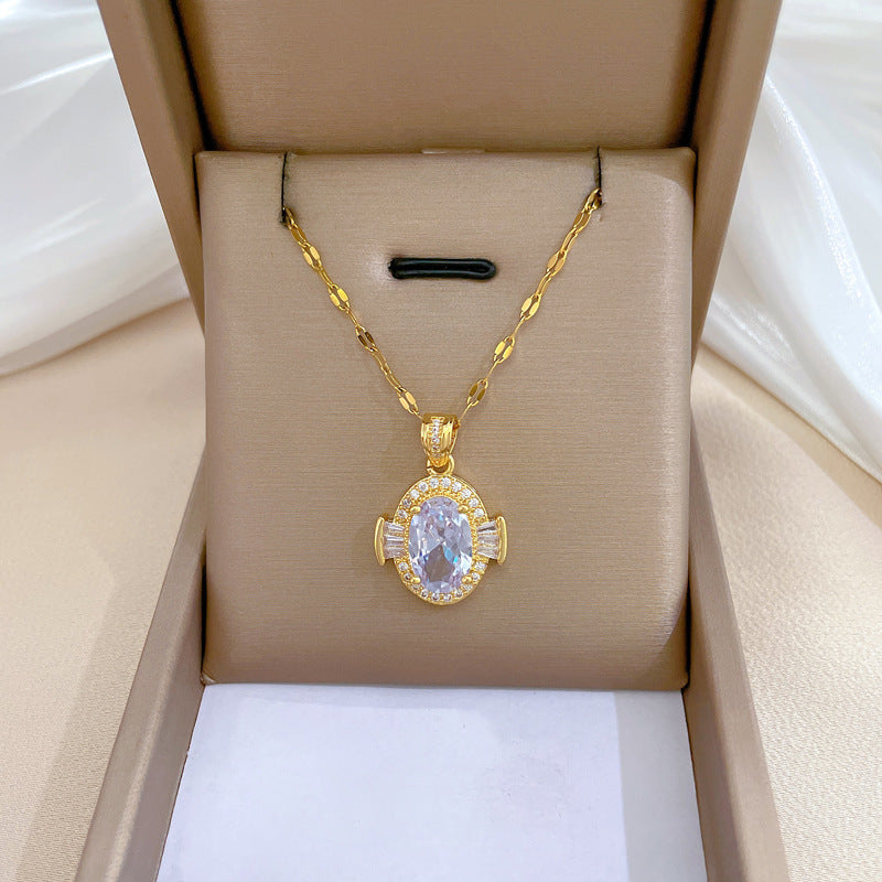 18k Gold Plated 316L Stainless Steel Oval Zircon Anti-Tarnish Necklace