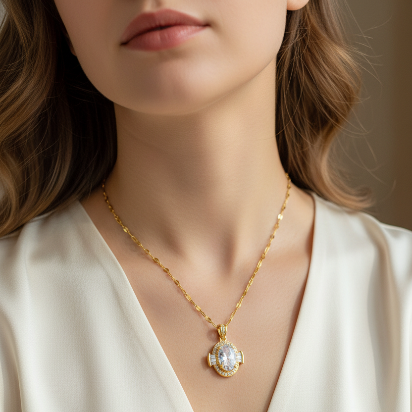 18k Gold Plated 316L Stainless Steel Oval Zircon Anti-Tarnish Necklace