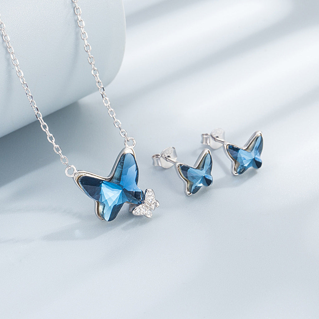 925 Sterling Silver Blue Zirconia Necklace & Earrings Set – Platinum Plated