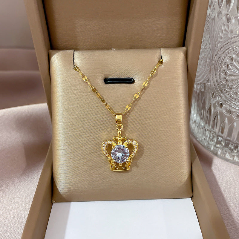 18K Gold Plated Crown Pendant Necklace | Waterproof Zirconia 316L Stainless Steel Queen Jewelry