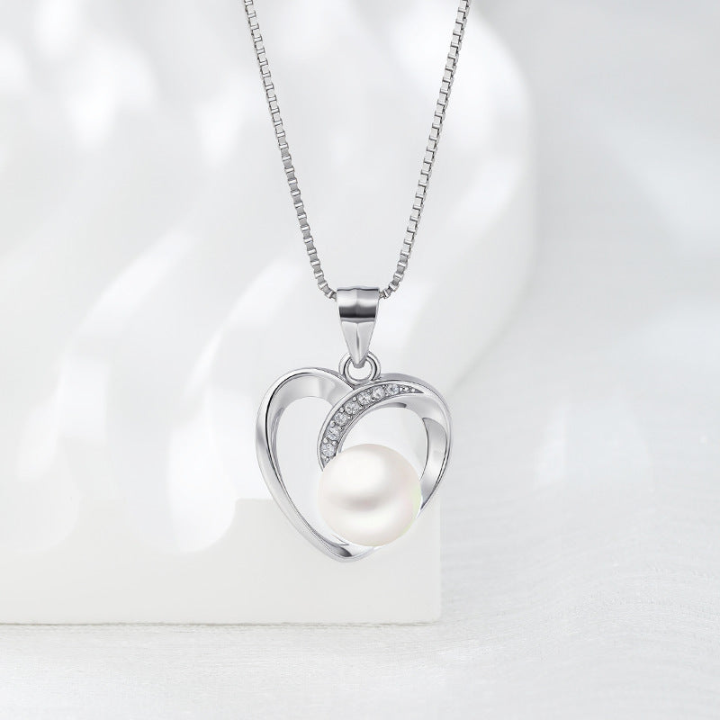 S925 Sterling Silver Heart Pearl necklace with 5A Zirconia – Platinum Plated