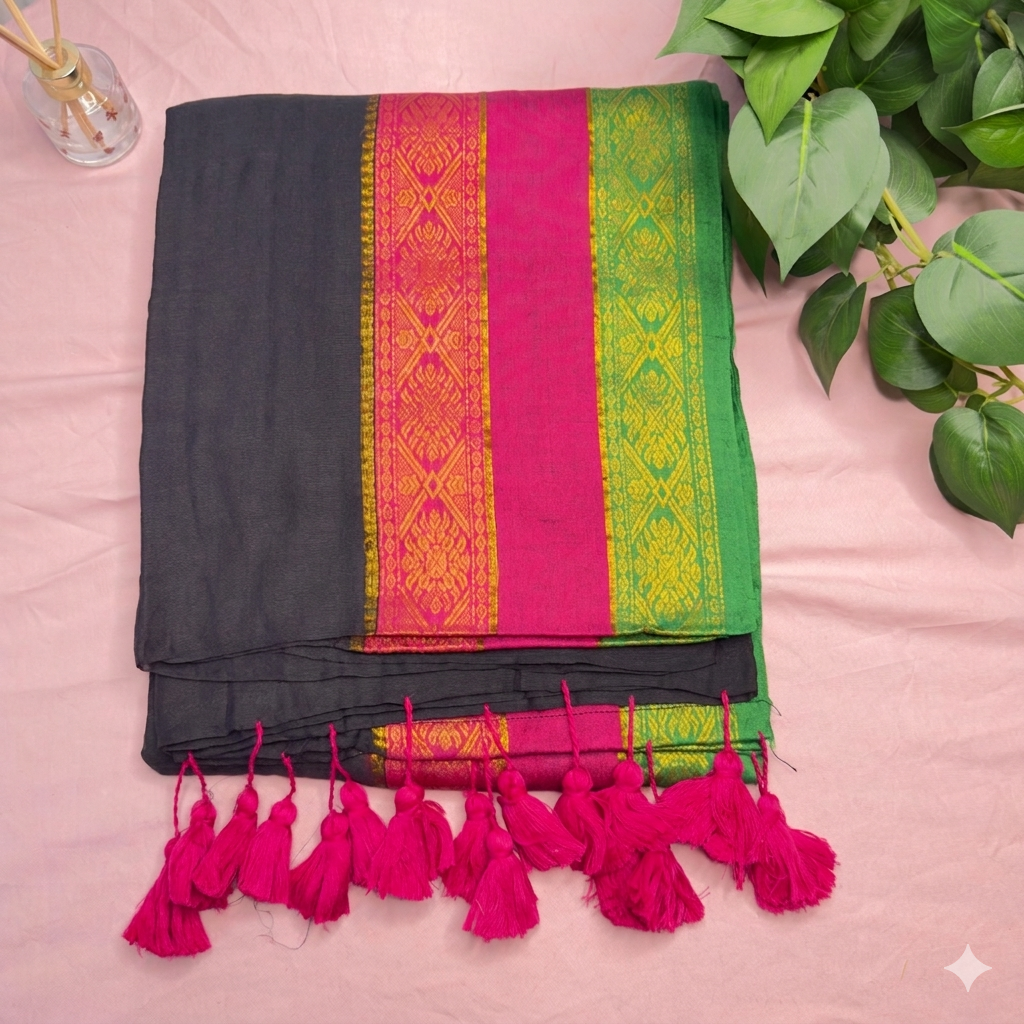 Elegant Charcoal Black Mul Cotton Saree with Festive Border