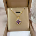 18K Gold Plated 316L Stainless Steel Waterproof Purple Clover Zirconia Necklace