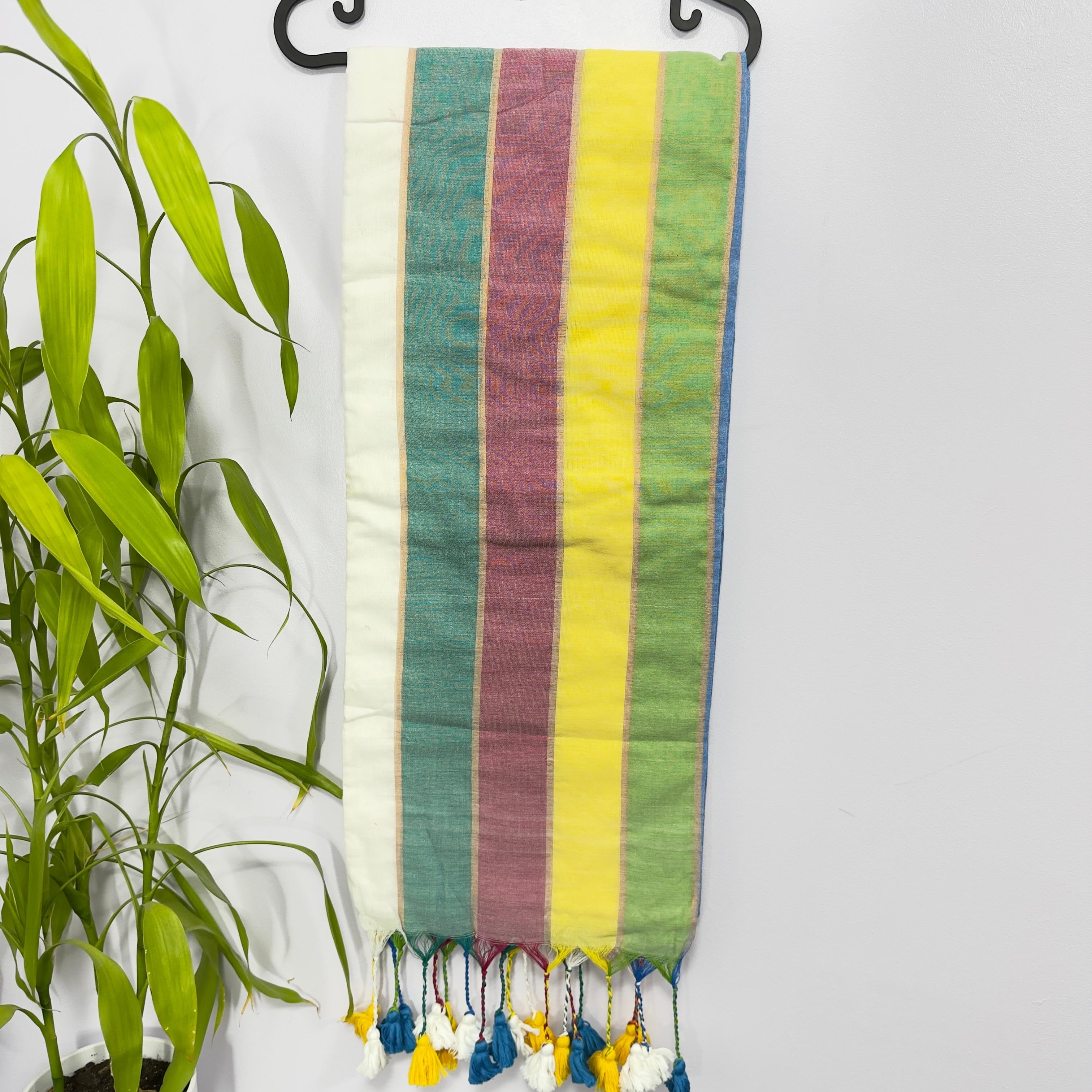 Vibrant Multicolored Striped Mul Cotton Saree with Playful Tassels