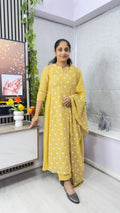 Thread Work Mul Chiffon Three-Piece Salwar Set with Dupatta-MUSTARD YELLOW