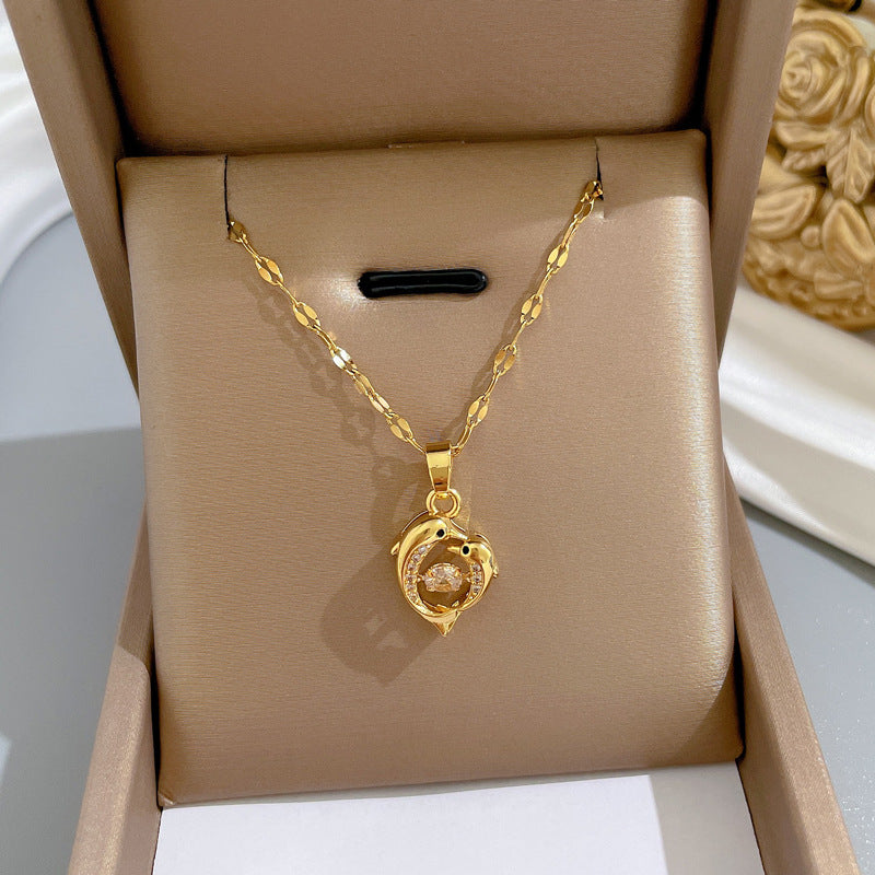 18K Gold Plated Double Dolphin Pendant Necklace | Waterproof Zirconia 316L Stainless Steel Ocean Jewelry