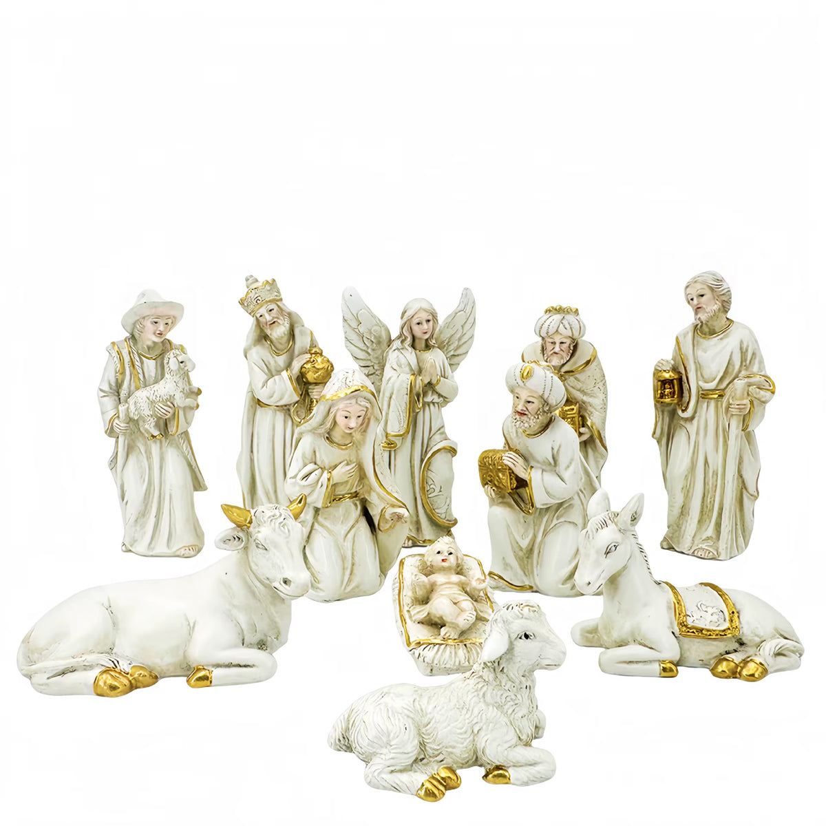 Handpainted Resin Nativity Set with Gold Accents - Christmas Manger Scene Figurines
