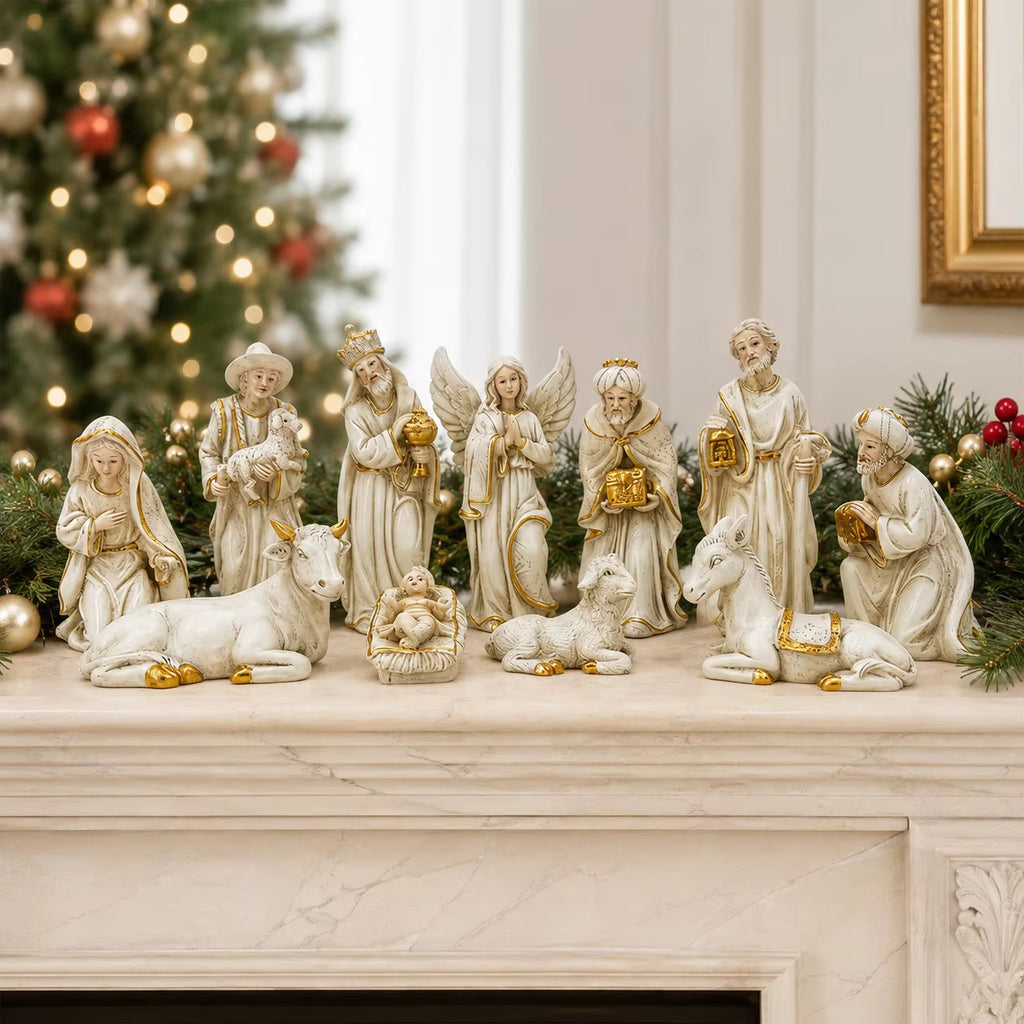 Handpainted Resin Nativity Set with Gold Accents - Christmas Manger Scene Figurines