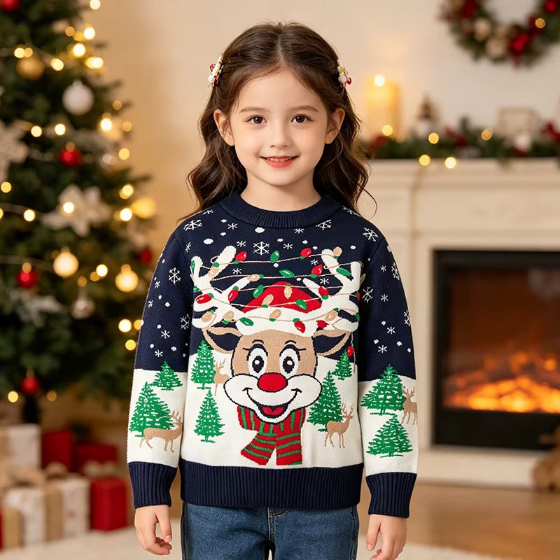 Navy Blue Kids Christmas Jumper - Reindeer Knit Sweater