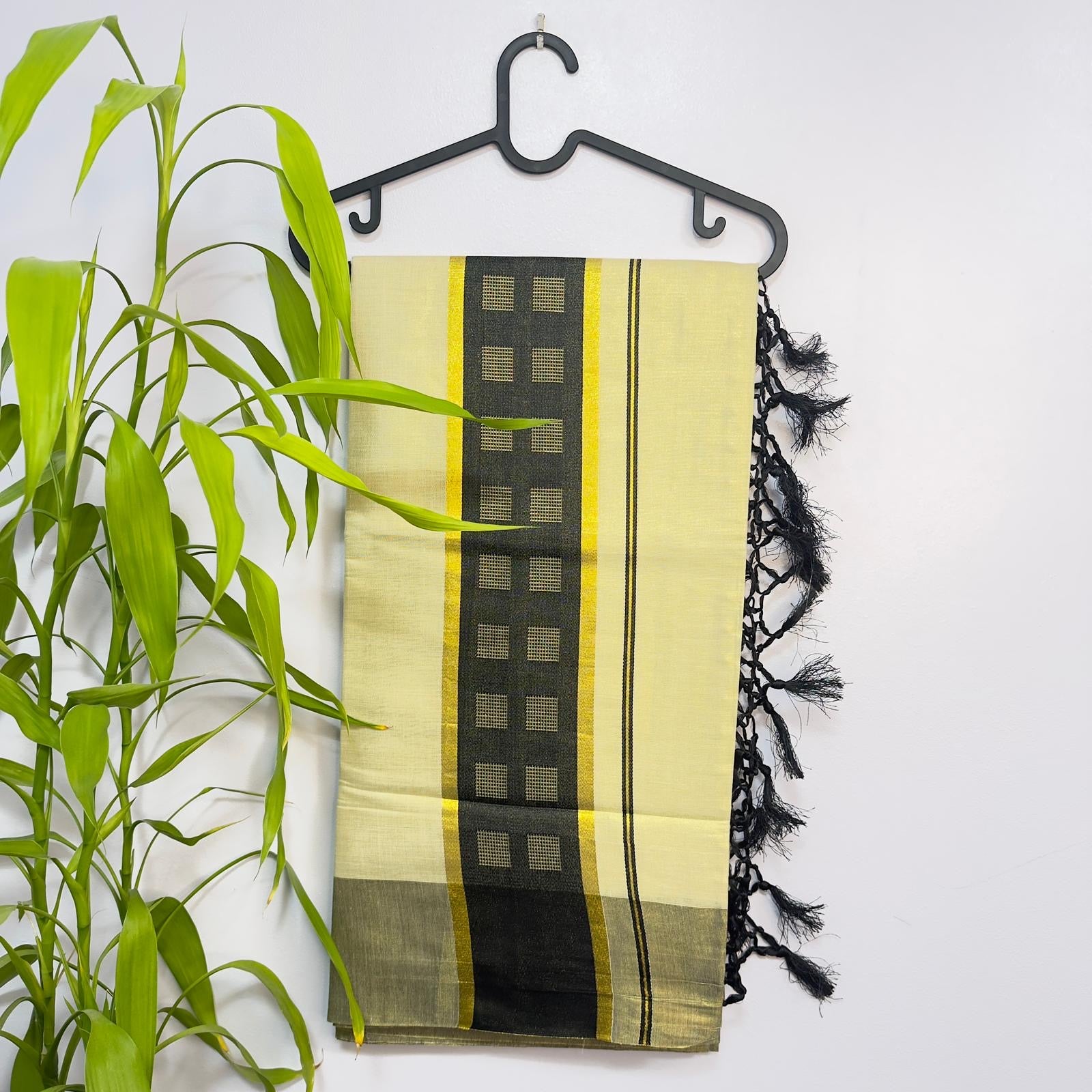 Premium Kerala Tissue Saree with Black and Gold Border