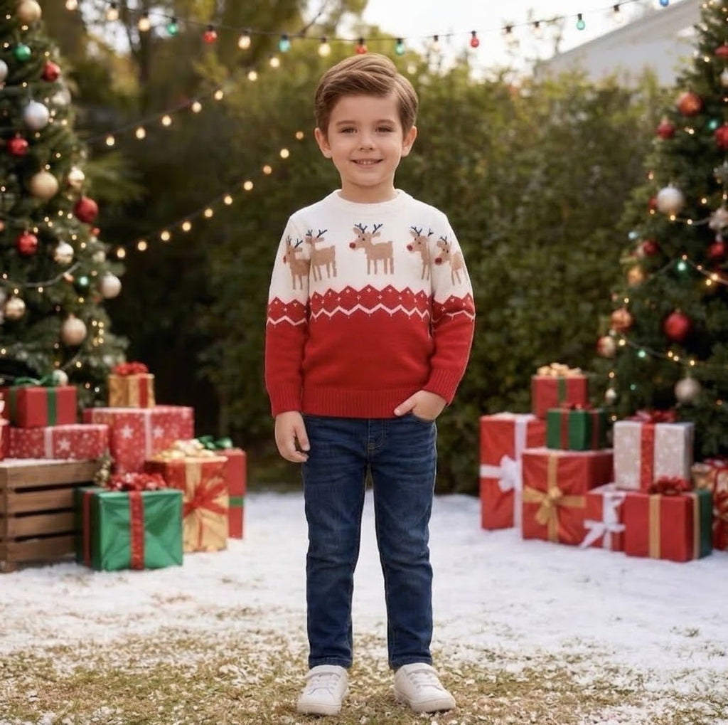 Red Kids Christmas Jumper - Reindeer Fair Isle Knit