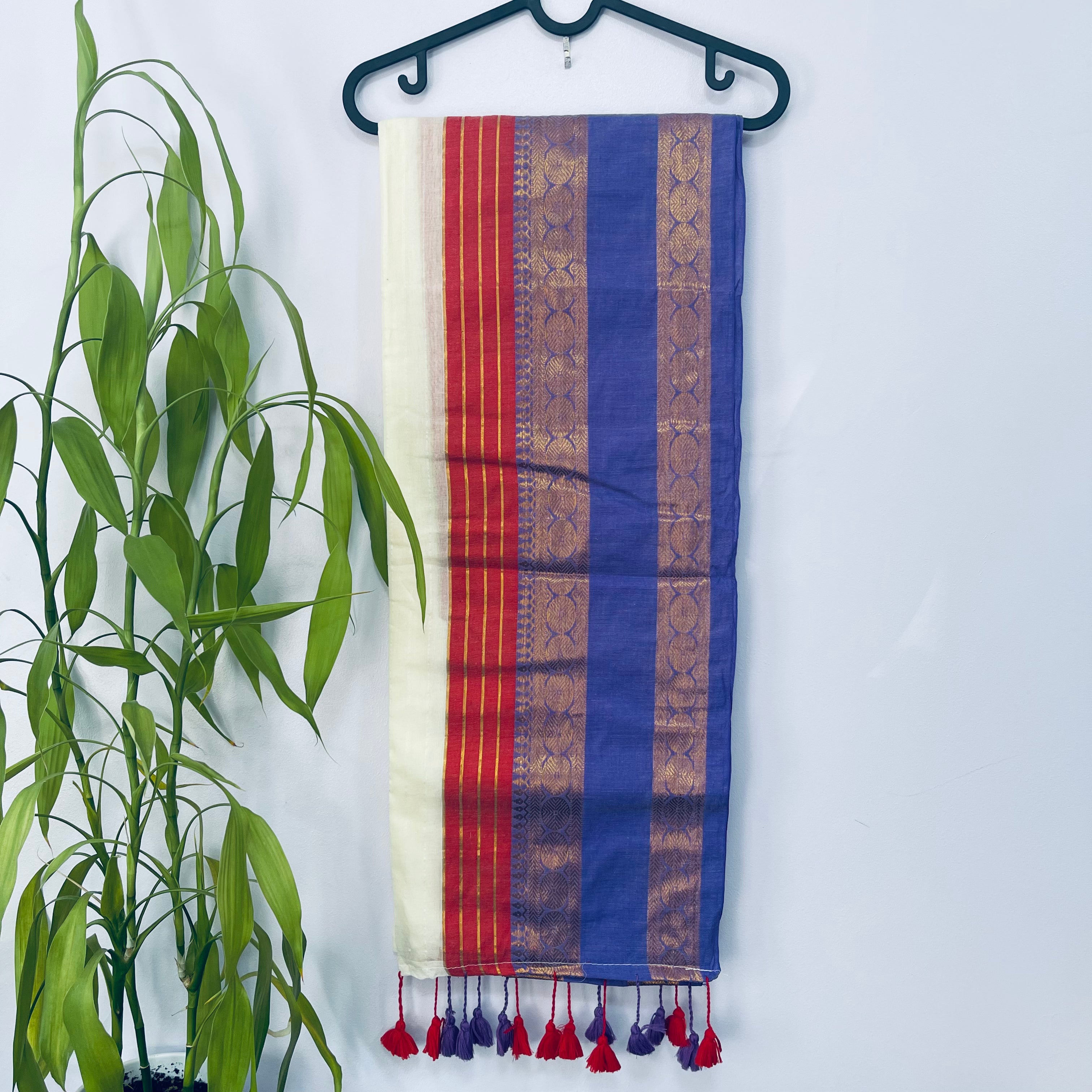 Off-White, Red & Purple Mul Cotton Saree