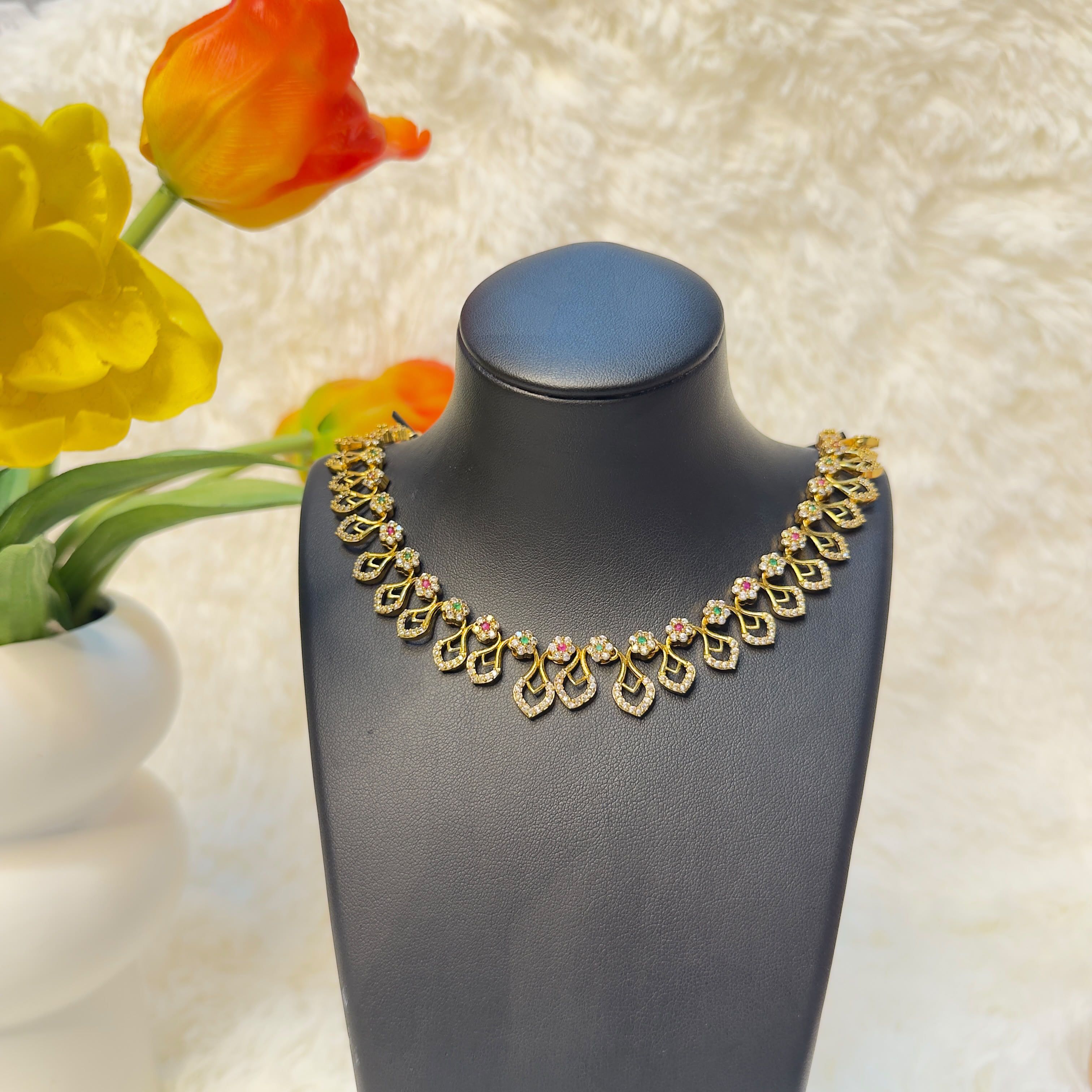 Floral American Diamond Necklace with Red and Green Accents