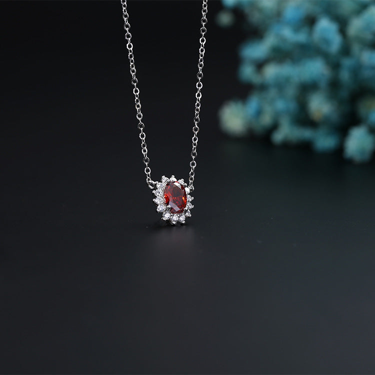 S925 Sterling Silver Red Zirconia Necklace – Platinum Plated Pendant