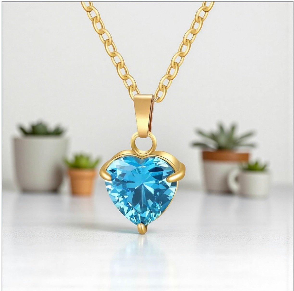 Waterproof 18K Gold Plated Blue Heart Necklace in 316L Stainless Steel