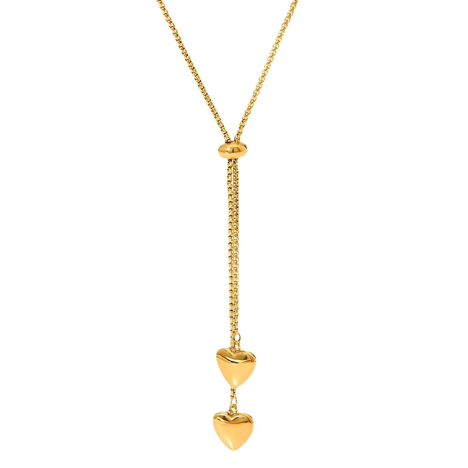 Waterproof 18K Gold Plated Double Heart Lariat Necklace - 316L Stainless Steel