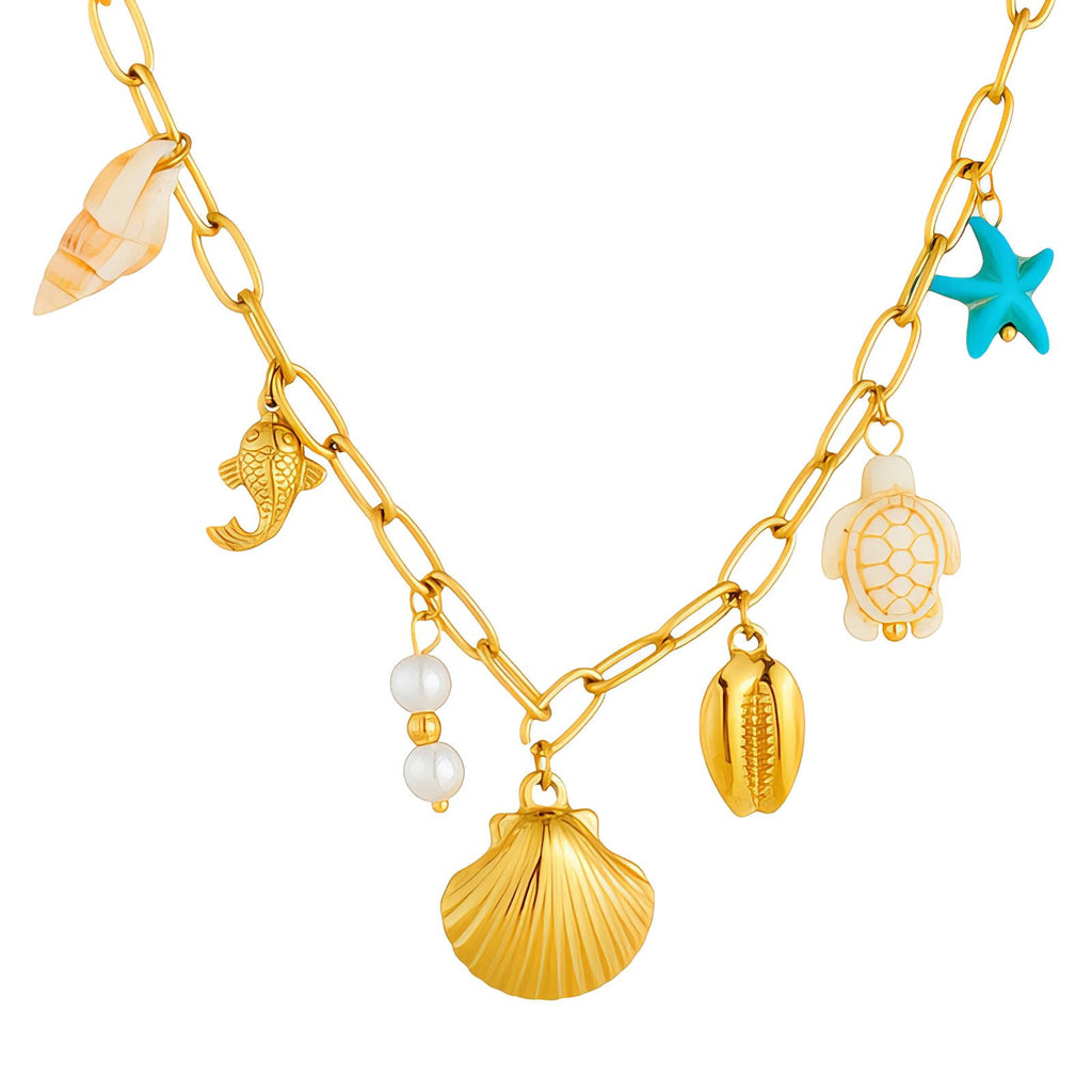 Waterproof 18K Gold Plated Ocean Charm Necklace with Sea Shells & Pearls