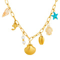 Waterproof 18K Gold Plated Ocean Charm Necklace with Sea Shells & Pearls
