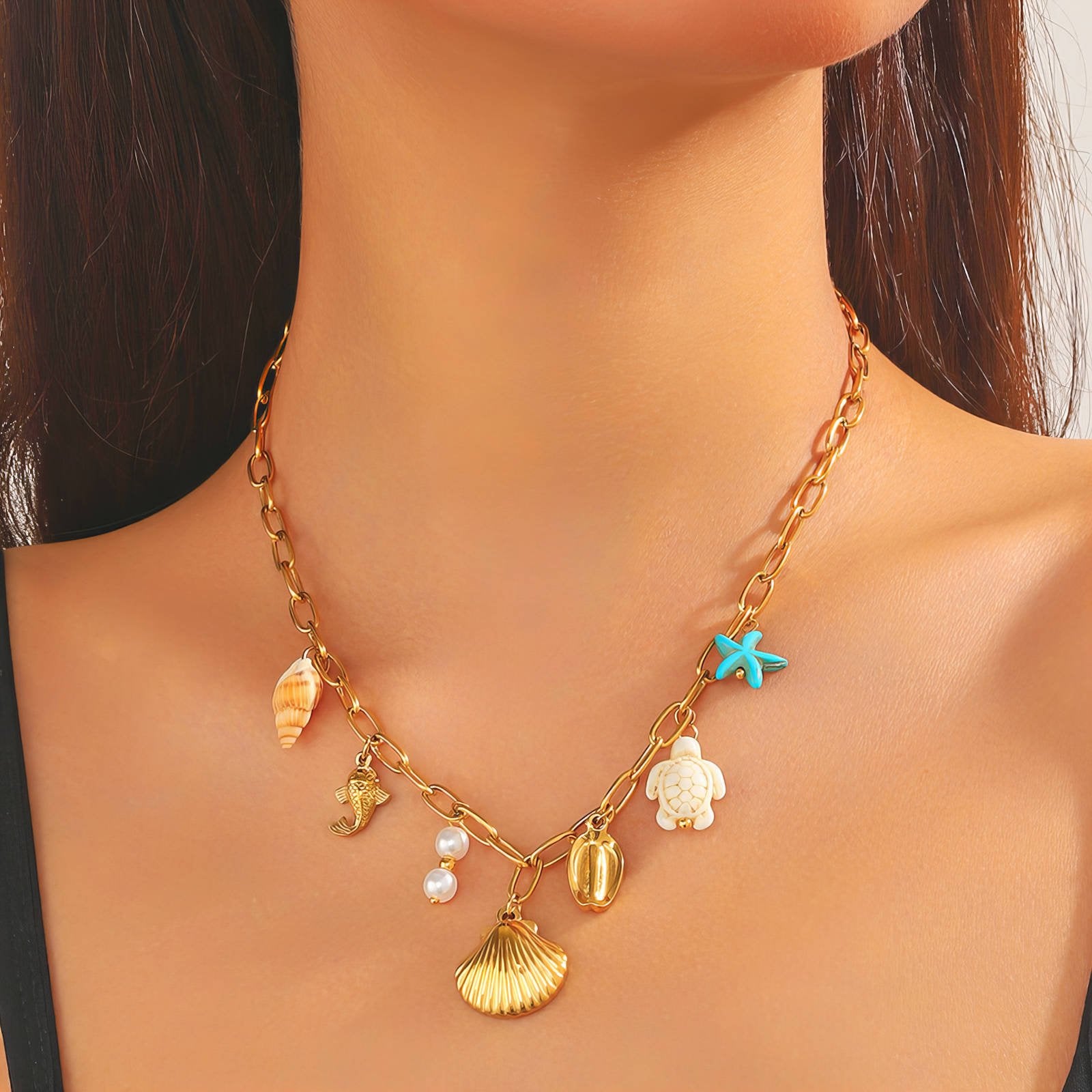 Waterproof 18K Gold Plated Ocean Charm Necklace with Sea Shells & Pearls