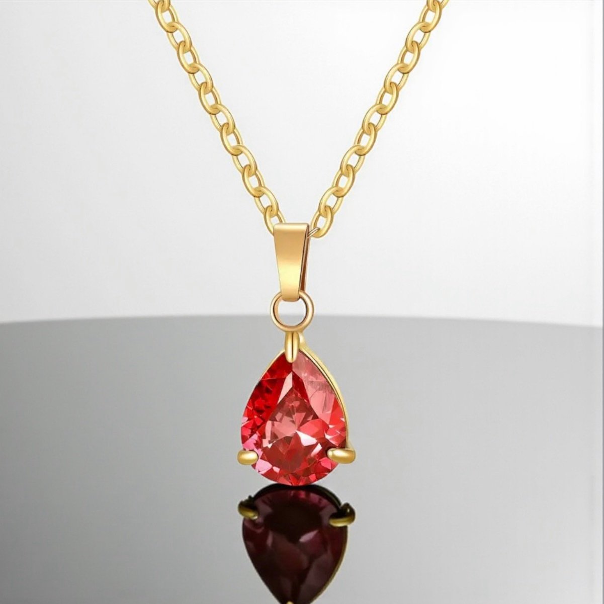 Waterproof 18K Gold Plated Red Teardrop Necklace - 316L Stainless Steel