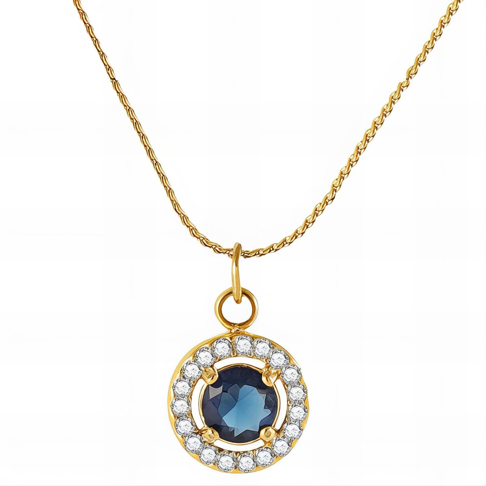 Elegant 18K Gold Plated Blue Sapphire-Style Halo Necklace in Stainless Steel