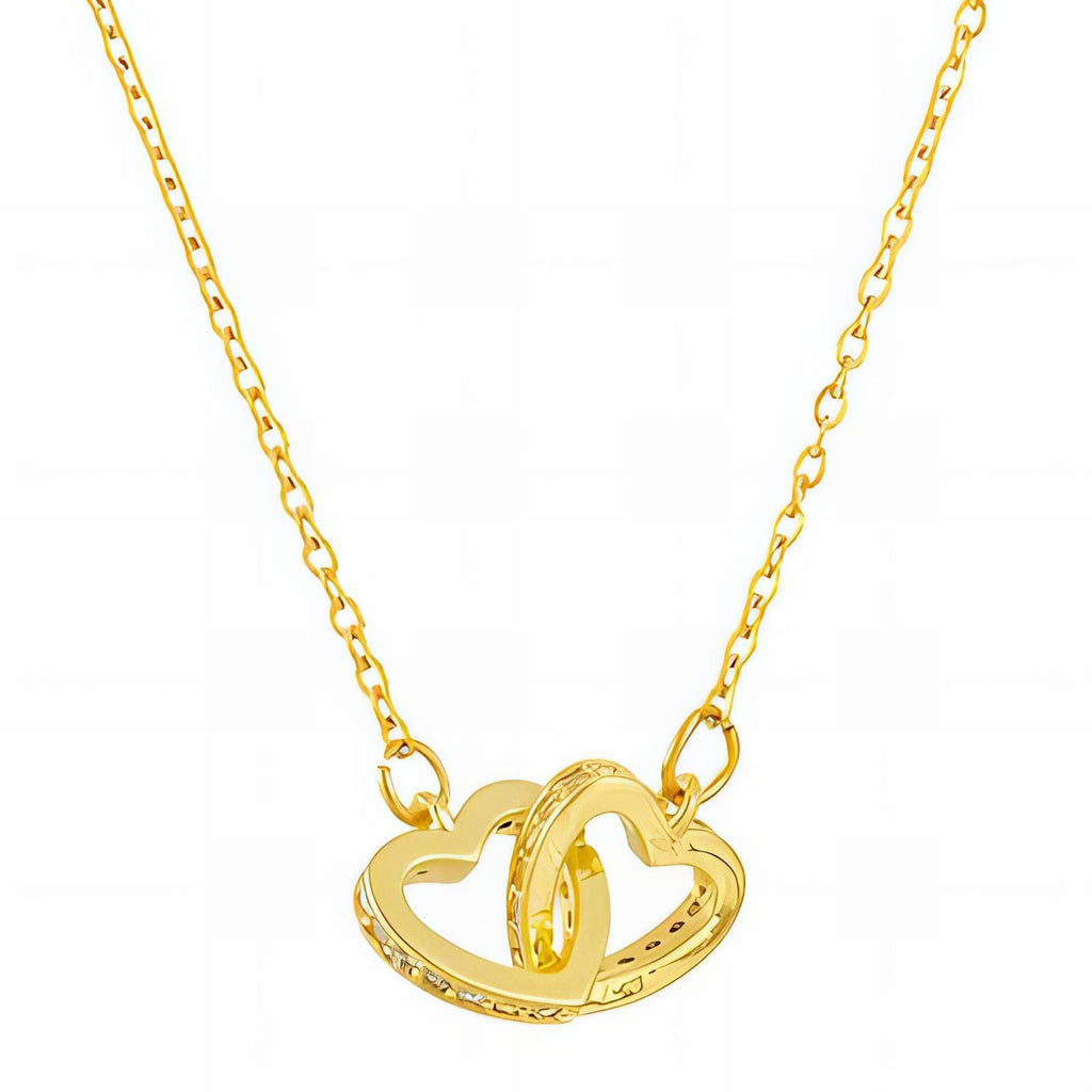 18K Gold Plated Interlocking Double Heart Necklace - Waterproof 316L Stainless Steel & Cubic Zirconia